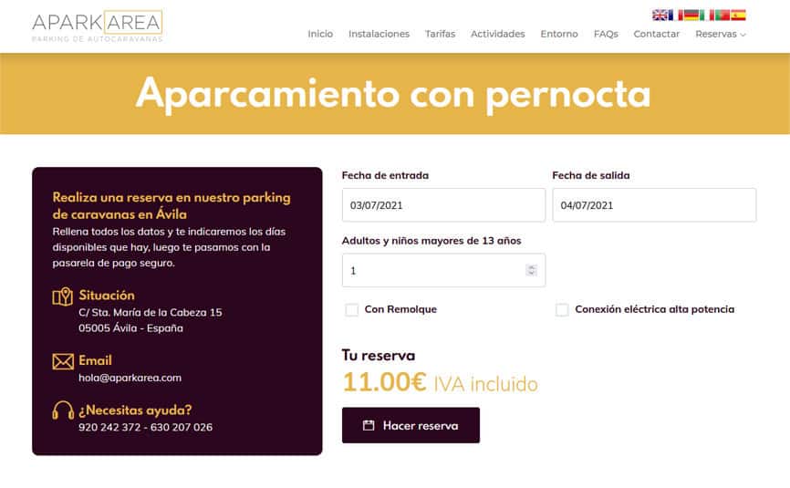 Página web para el Parking de Autocaravanas en Ávila Aparkarea bajo gestor de contenidos Ziddea y gestor de reservas mediante conexión de API con barrera.
